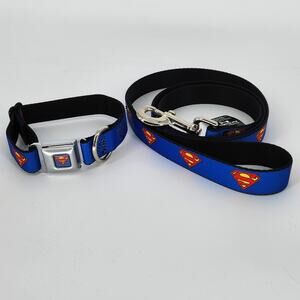 Buckle-Down Superman Dog Collar & Leash Set – Blue Seatbelt Style – Made in USA